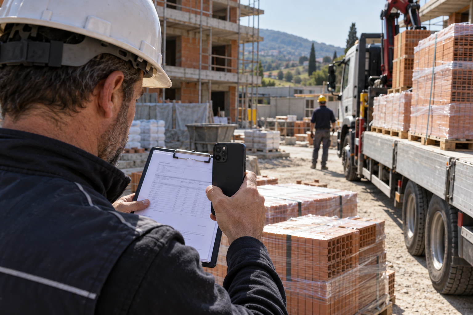 Addetto di cantiere raccoglie un DDT alla consegna dei materiali